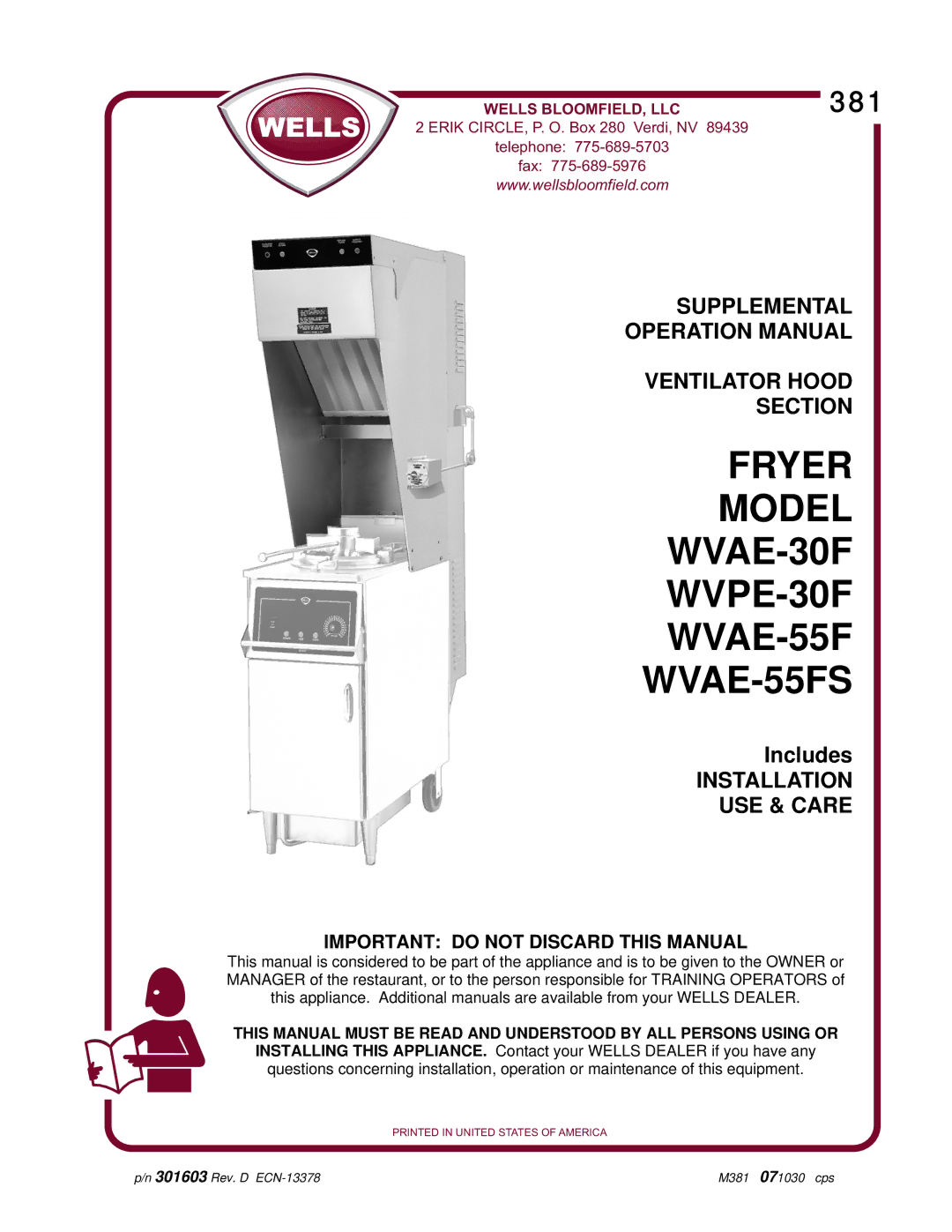 Bloomfield operation manual Fryer Model WVAE-30F WVPE-30F WVAE-55F WVAE-55FS 
