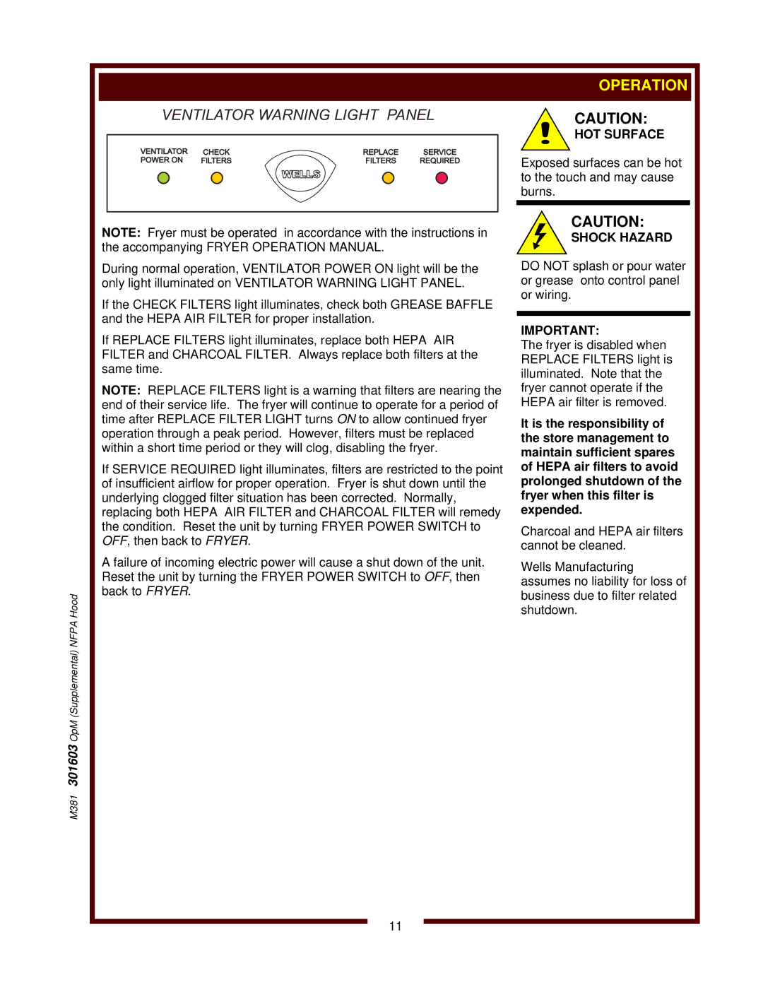 Bloomfield WVAE-30F operation manual Ventilator Warning Light Panel 