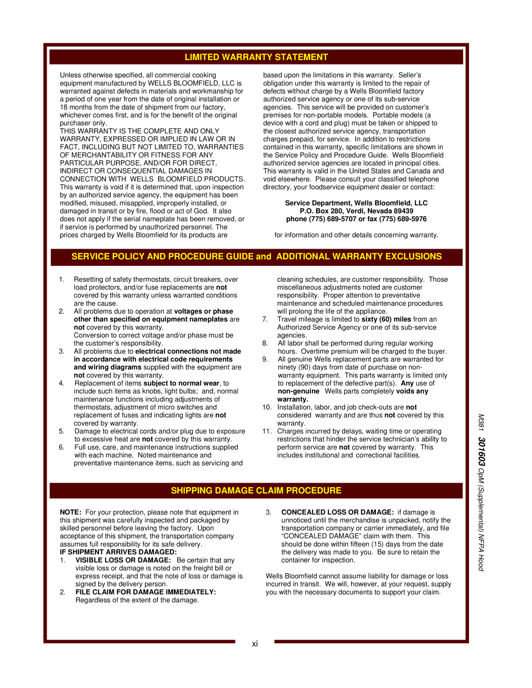 Bloomfield WVAE-30F operation manual M381 301603 OpM Supplemental Nfpa Hood 