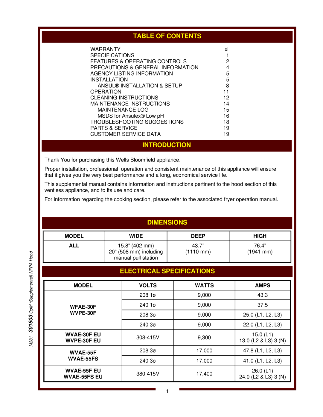 Bloomfield WVAE-30F operation manual Introduction 