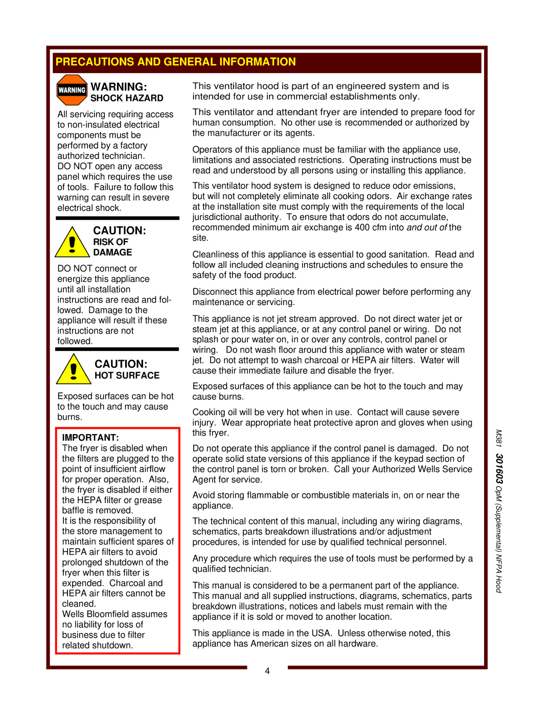 Bloomfield WVAE-30F operation manual M381 301603 OpM Supplemental Nfpa Hood 