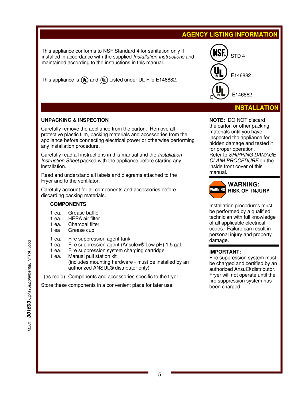 Bloomfield WVAE-30F operation manual M381 301603 OpM Supplemental Nfpa Hood 