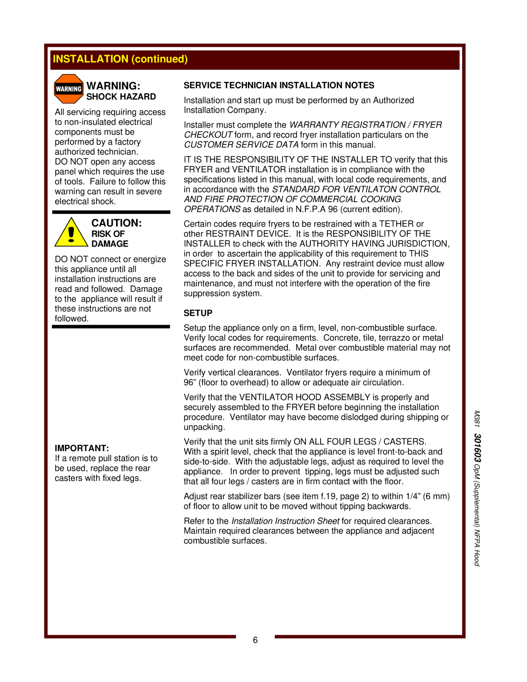 Bloomfield WVAE-30F operation manual M381 301603 OpM Supplemental Nfpa Hood 