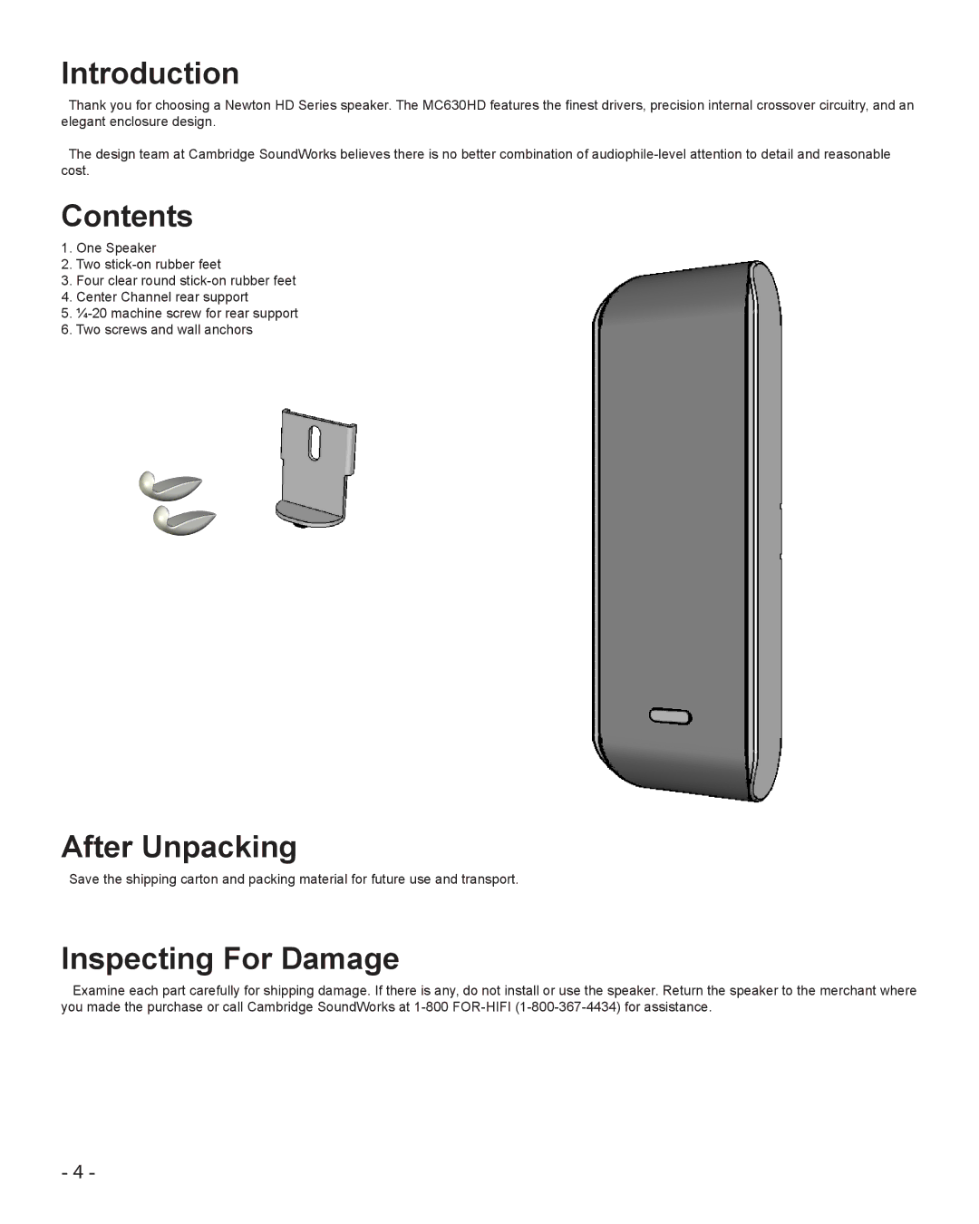 Cambridge SoundWorks MC630HD manual Introduction, After Unpacking, Inspecting For Damage 