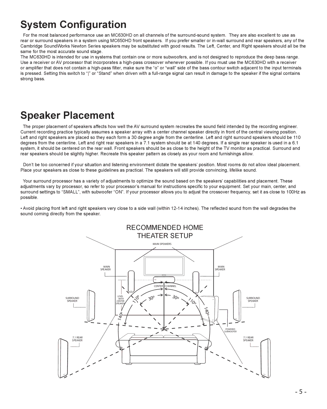 Cambridge SoundWorks MC630HD manual System Configuration, Speaker Placement 