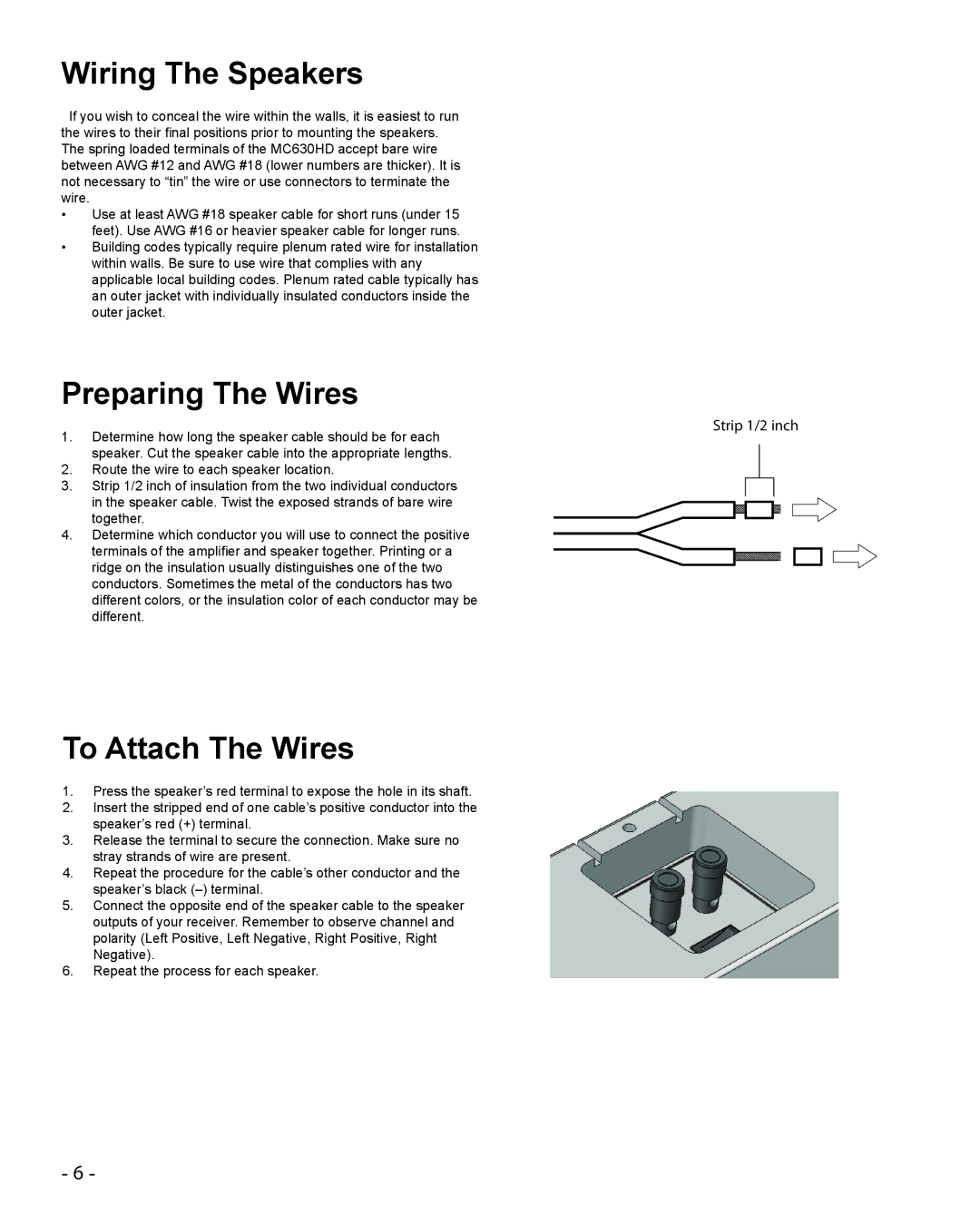Cambridge SoundWorks MC630HD manual Wiring The Speakers, Preparing The Wires, To Attach The Wires 