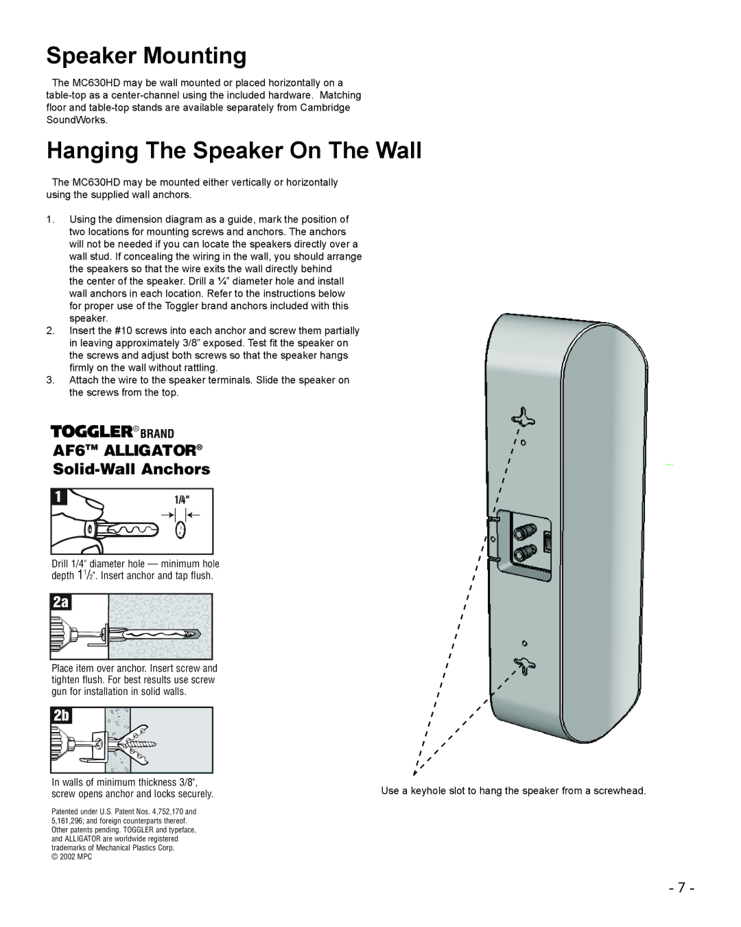 Cambridge SoundWorks MC630HD manual Speaker Mounting, Hanging The Speaker On The Wall 