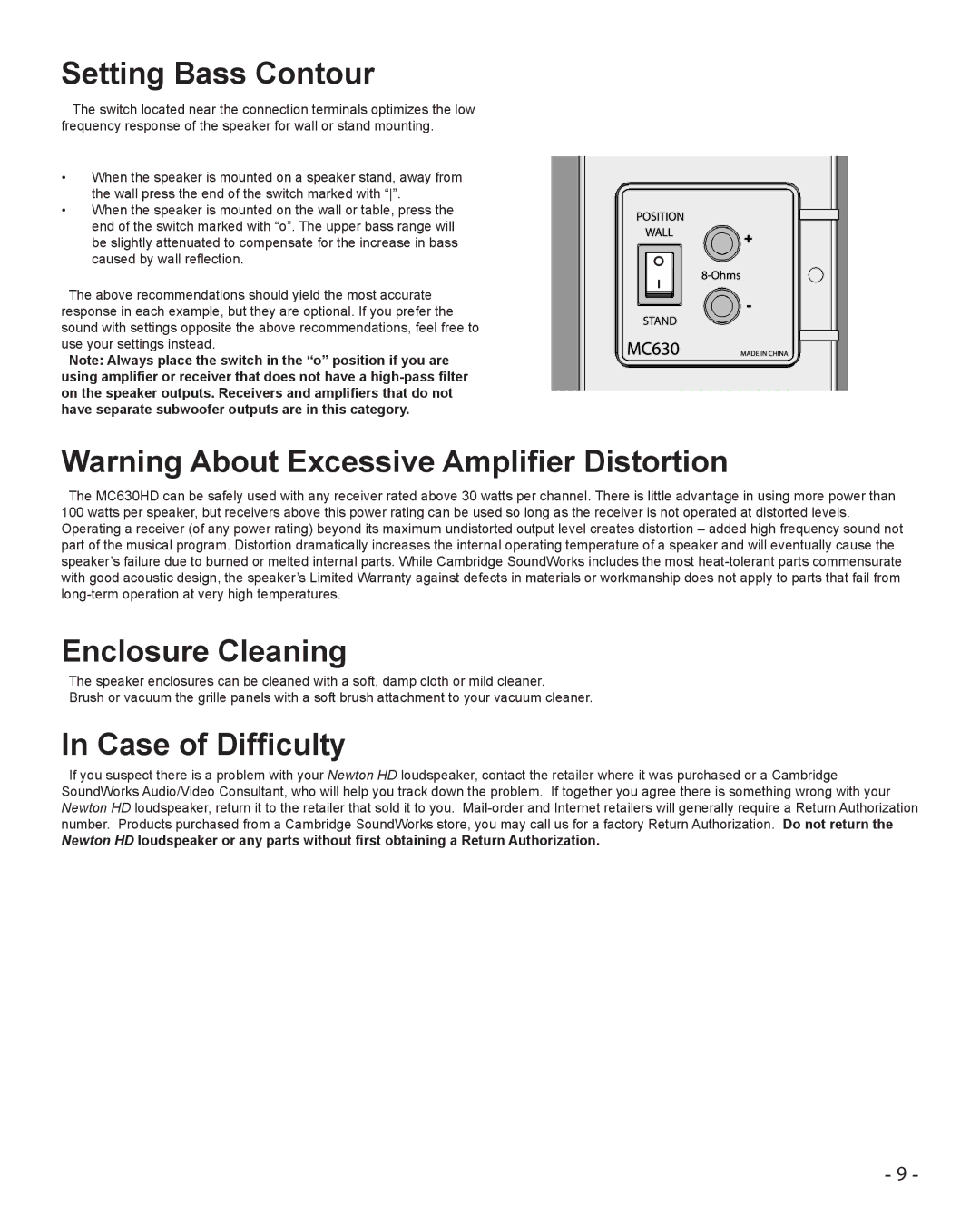 Cambridge SoundWorks MC630HD manual Setting Bass Contour, Enclosure Cleaning, Case of Difficulty 