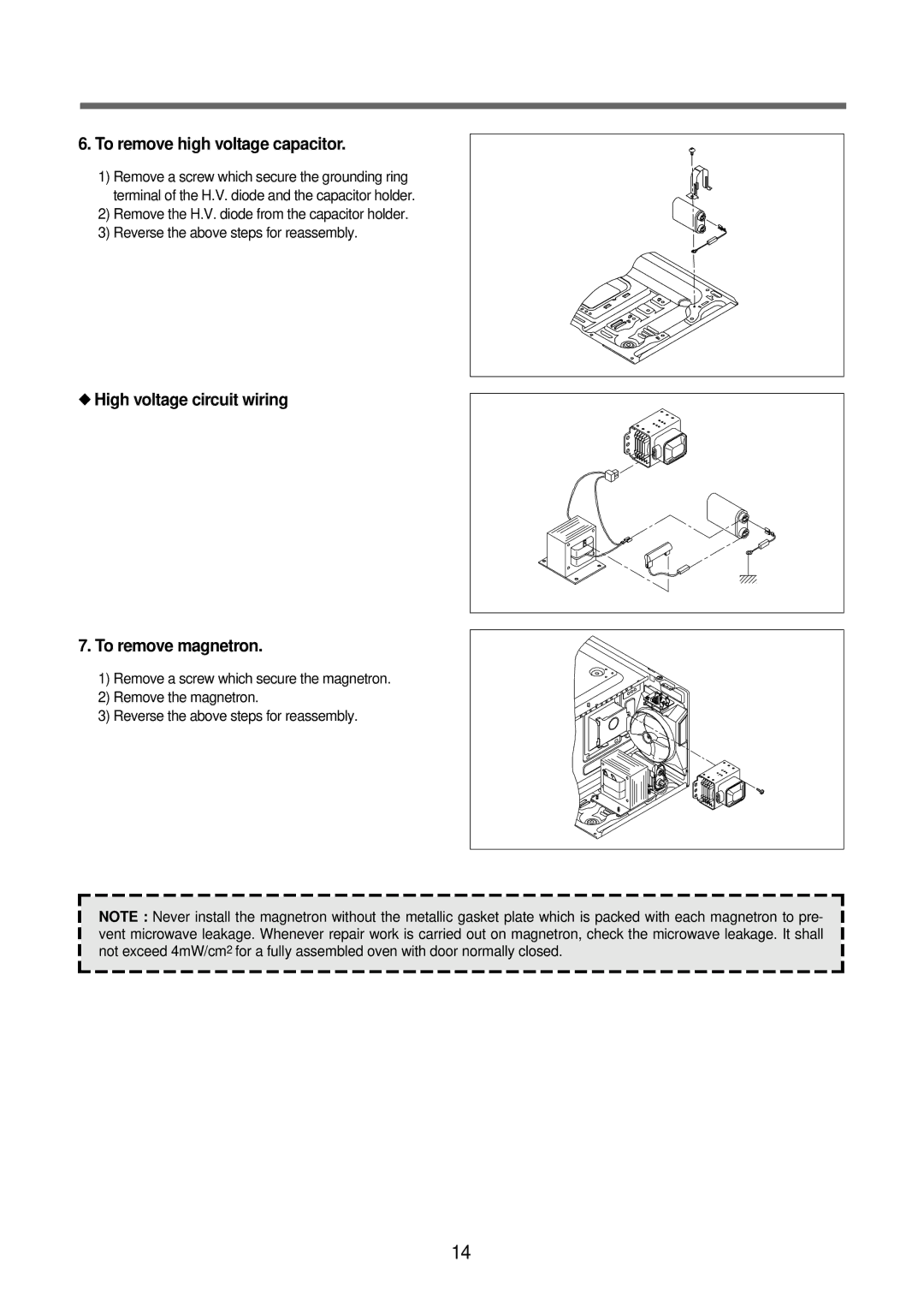 Daewoo KOR-63DB0S, KOR-63FB0S, KOR-63FB9S To remove high voltage capacitor, High voltage circuit wiring To remove magnetron 