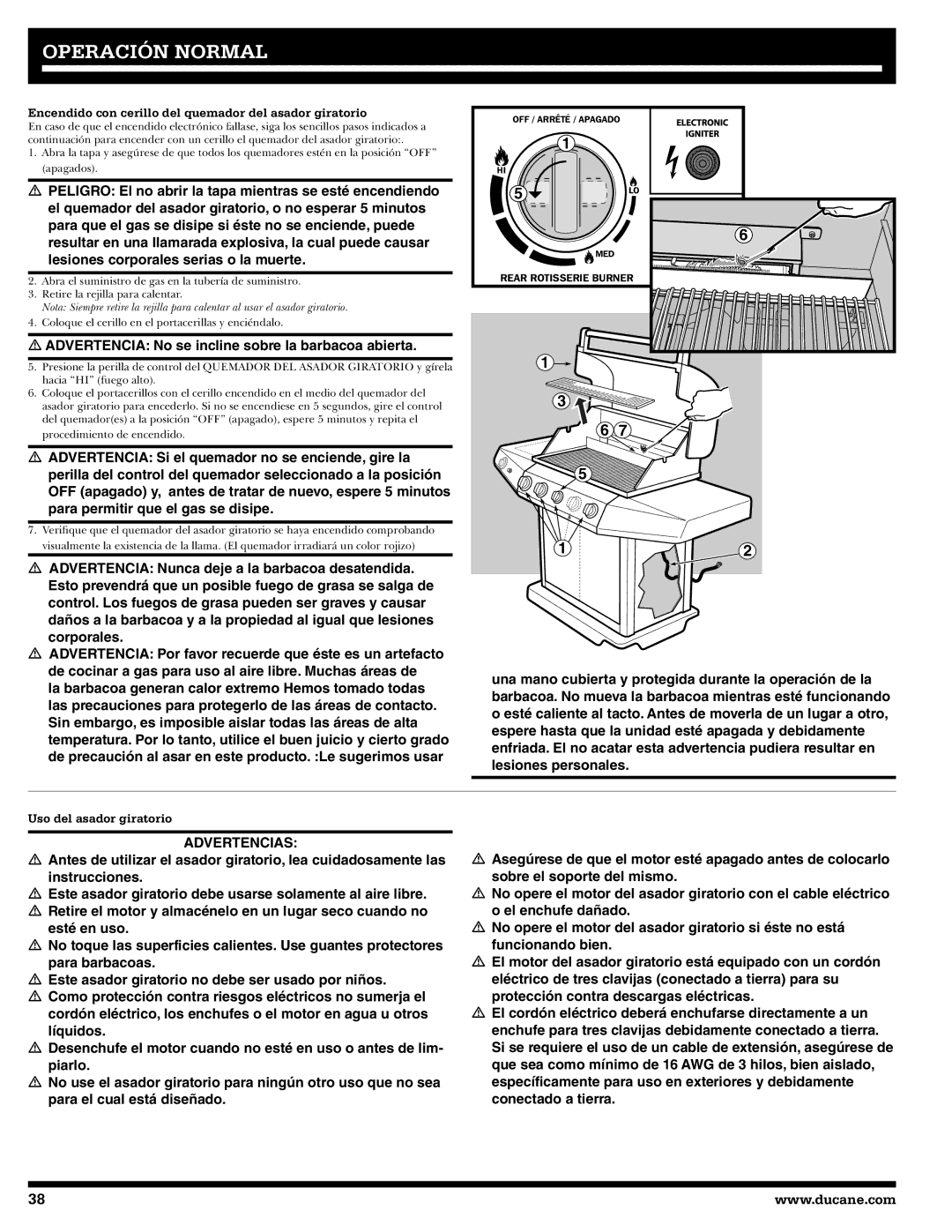Ducane 4400 owner manual Advertencias, Encendido con cerillo del quemador del asador giratorio, Uso del asador giratorio 