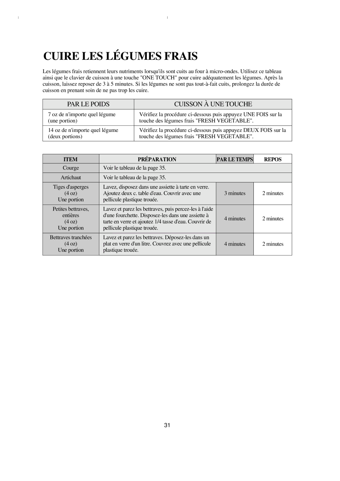 Emerson MW8993WC/BC owner manual Cuire LES Légumes Frais, Préparation 