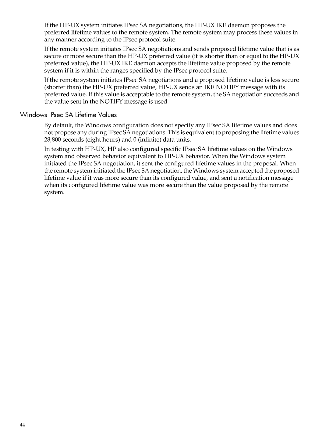 HP UX IPSec Software manual Windows IPsec SA Lifetime Values 