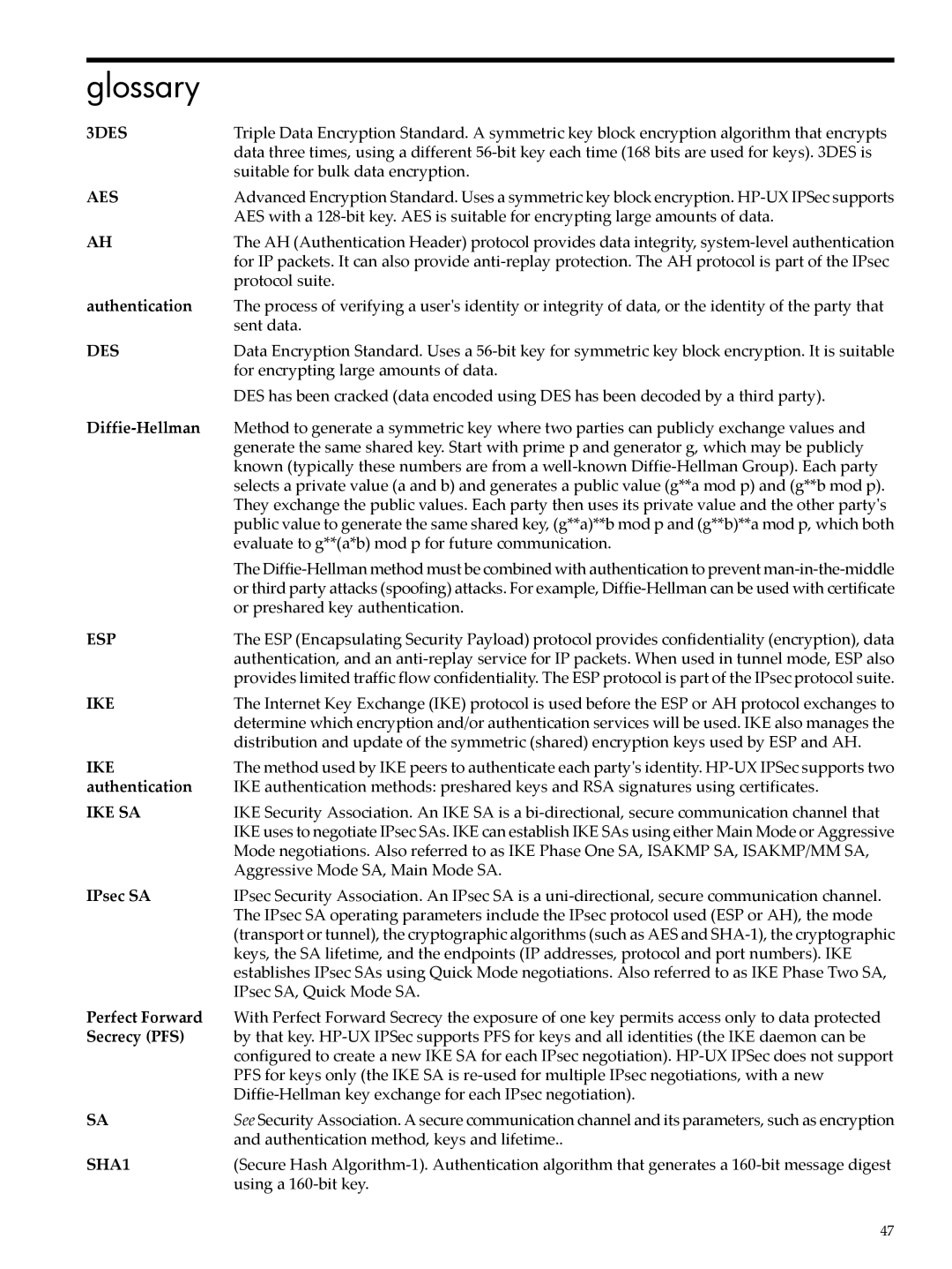 HP UX IPSec Software manual Glossary 