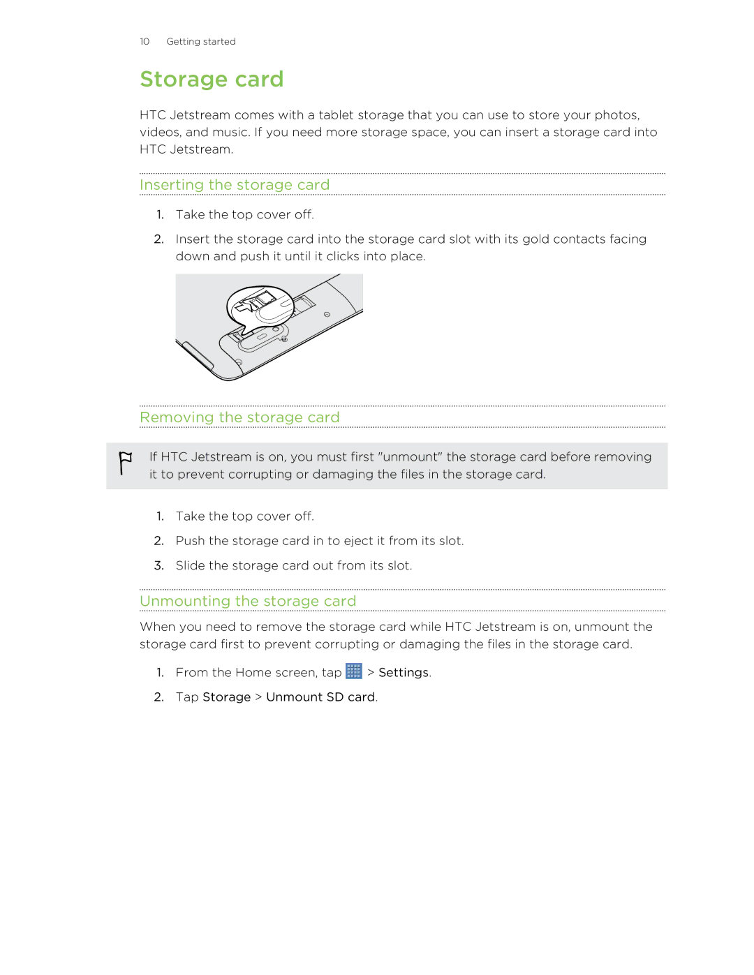 HTC Jetstream manual Storage card, Inserting the storage card, Removing the storage card, Unmounting the storage card 