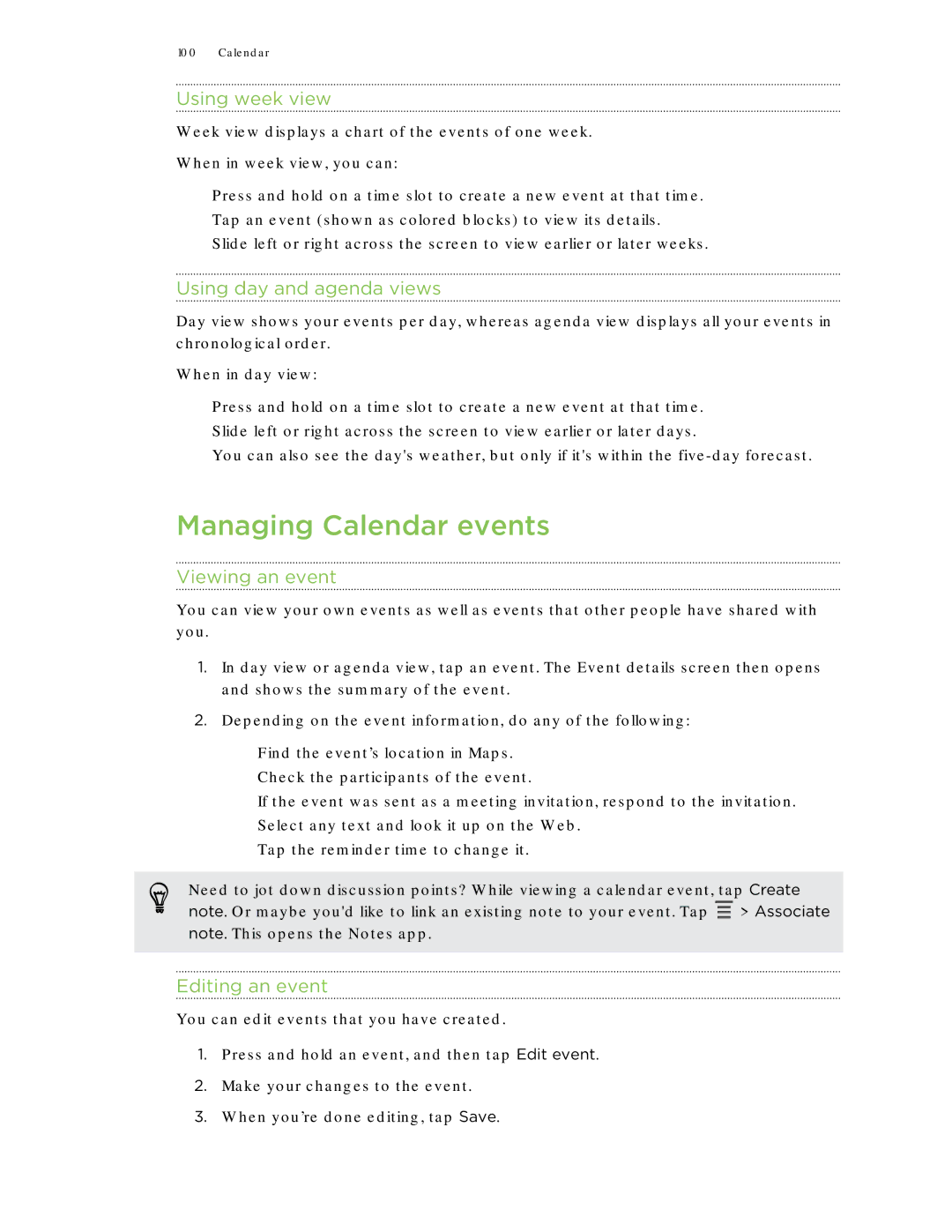 HTC Jetstream Managing Calendar events, Using week view, Using day and agenda views, Viewing an event, Editing an event 