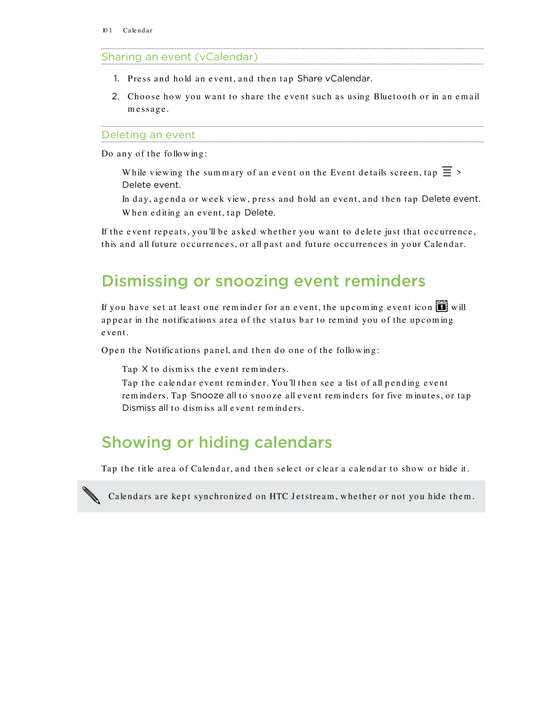 HTC Jetstream manual Dismissing or snoozing event reminders, Showing or hiding calendars, Sharing an event vCalendar 