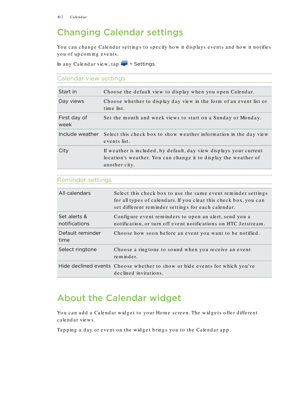 HTC Jetstream manual Changing Calendar settings, About the Calendar widget, Calendar view settings, Reminder settings 