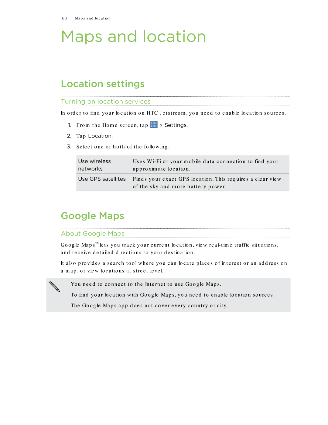 HTC Jetstream manual Maps and location, Location settings, Turning on location services, About Google Maps 