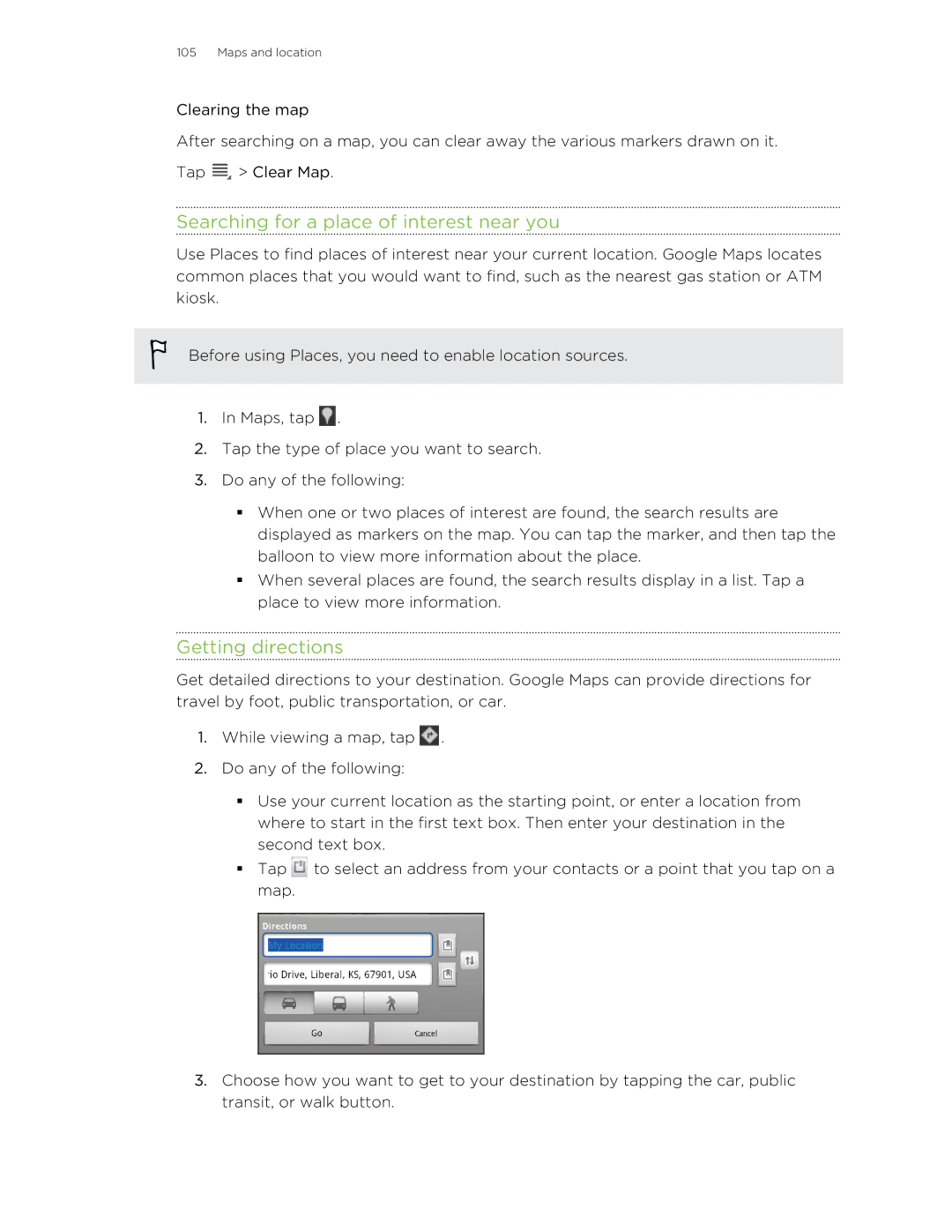 HTC Jetstream manual Searching for a place of interest near you, Getting directions 