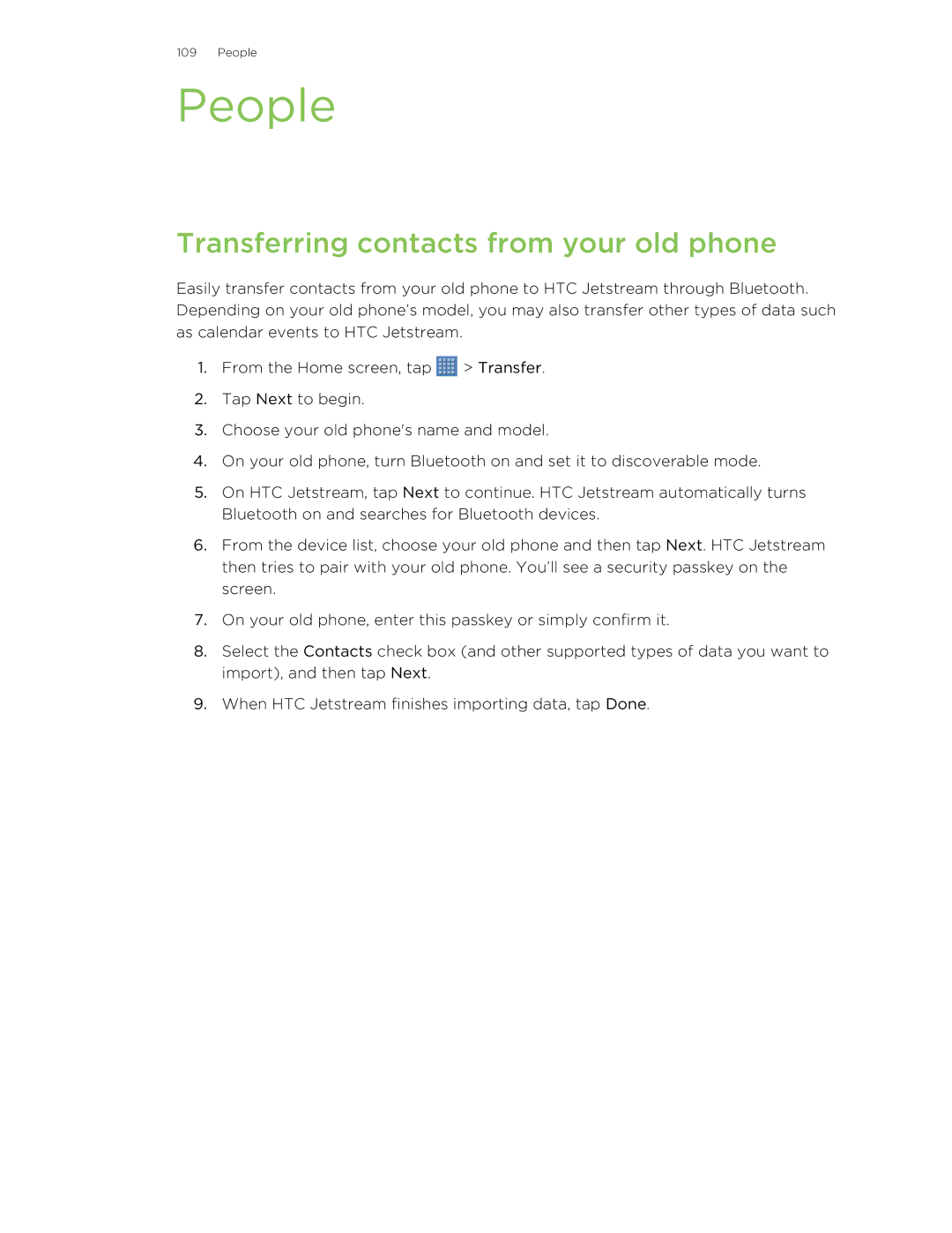 HTC Jetstream manual People, Transferring contacts from your old phone 