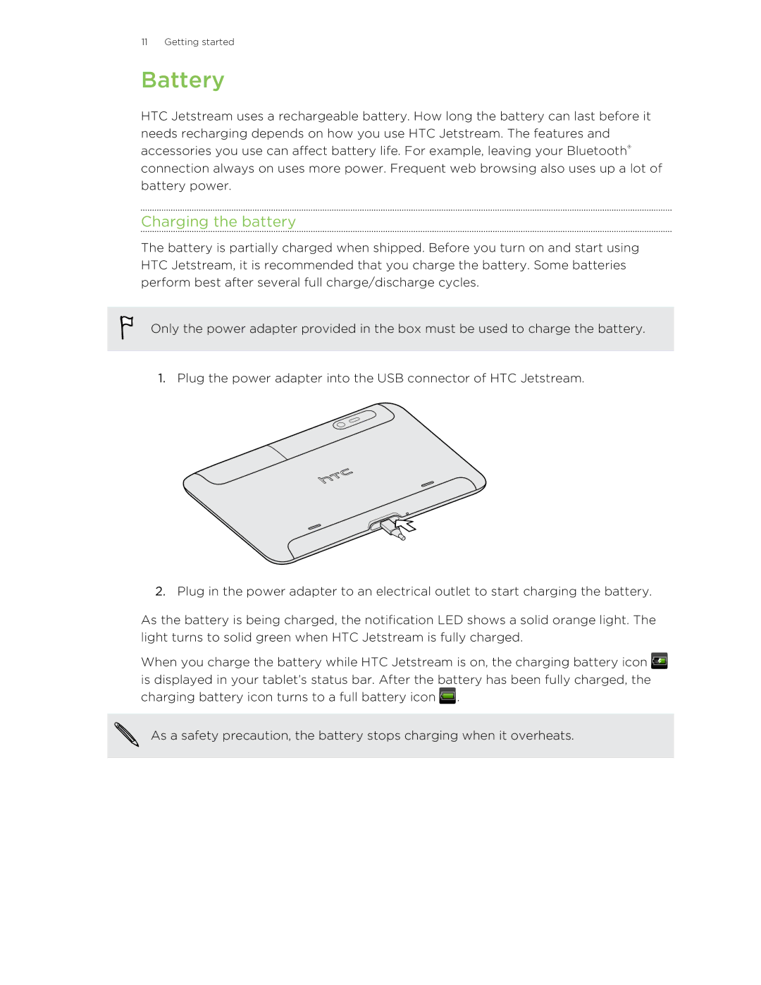 HTC Jetstream manual Battery, Charging the battery 