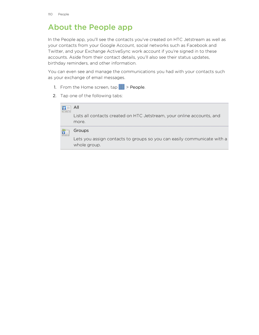 HTC Jetstream manual About the People app 