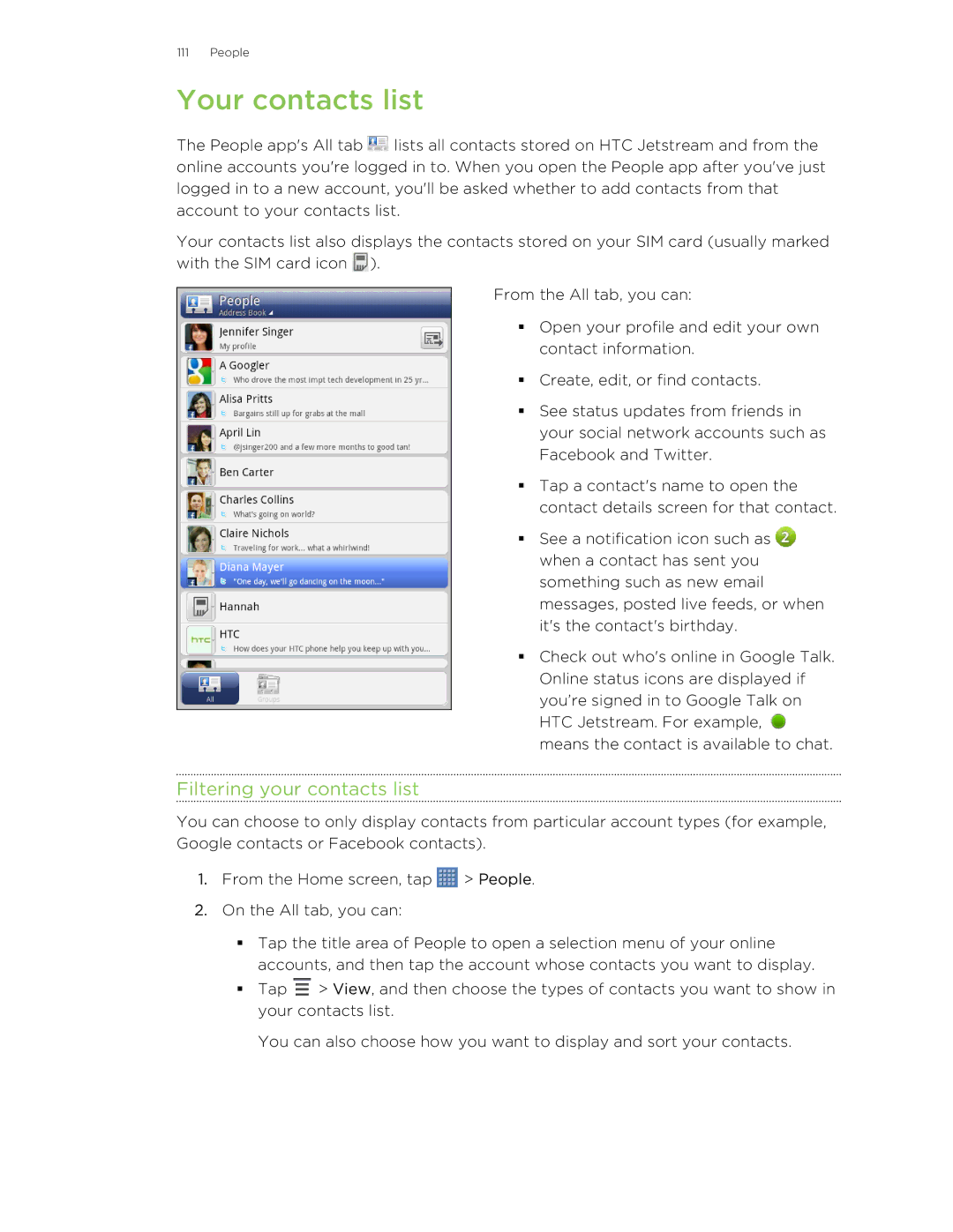 HTC Jetstream manual Your contacts list, Filtering your contacts list 