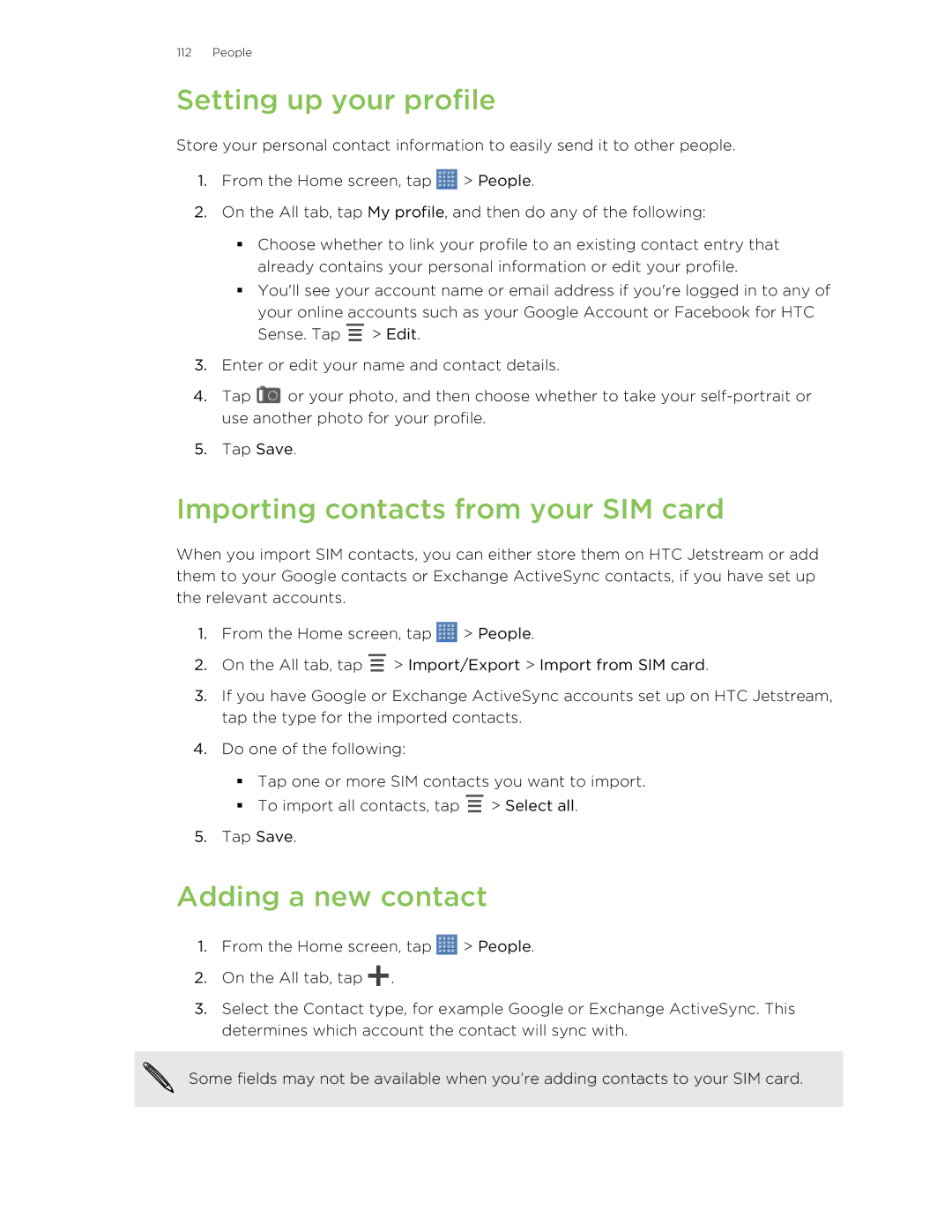 HTC Jetstream manual Setting up your profile, Importing contacts from your SIM card, Adding a new contact 