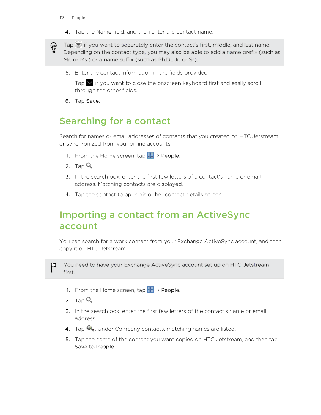 HTC Jetstream manual Searching for a contact, Importing a contact from an ActiveSync account 