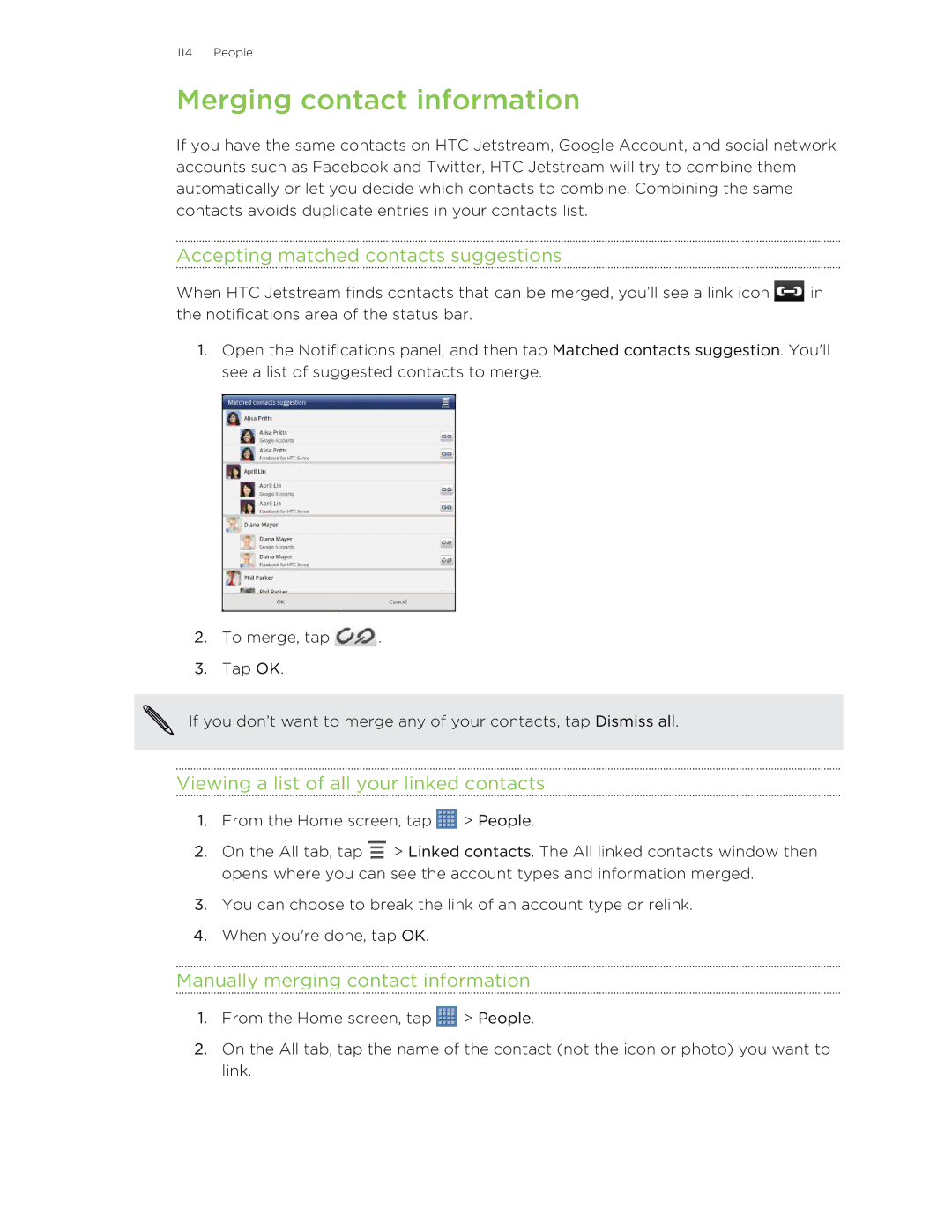 HTC Jetstream Merging contact information, Accepting matched contacts suggestions, Manually merging contact information 