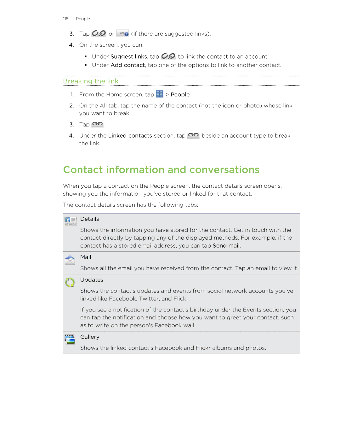 HTC Jetstream manual Contact information and conversations, Breaking the link 