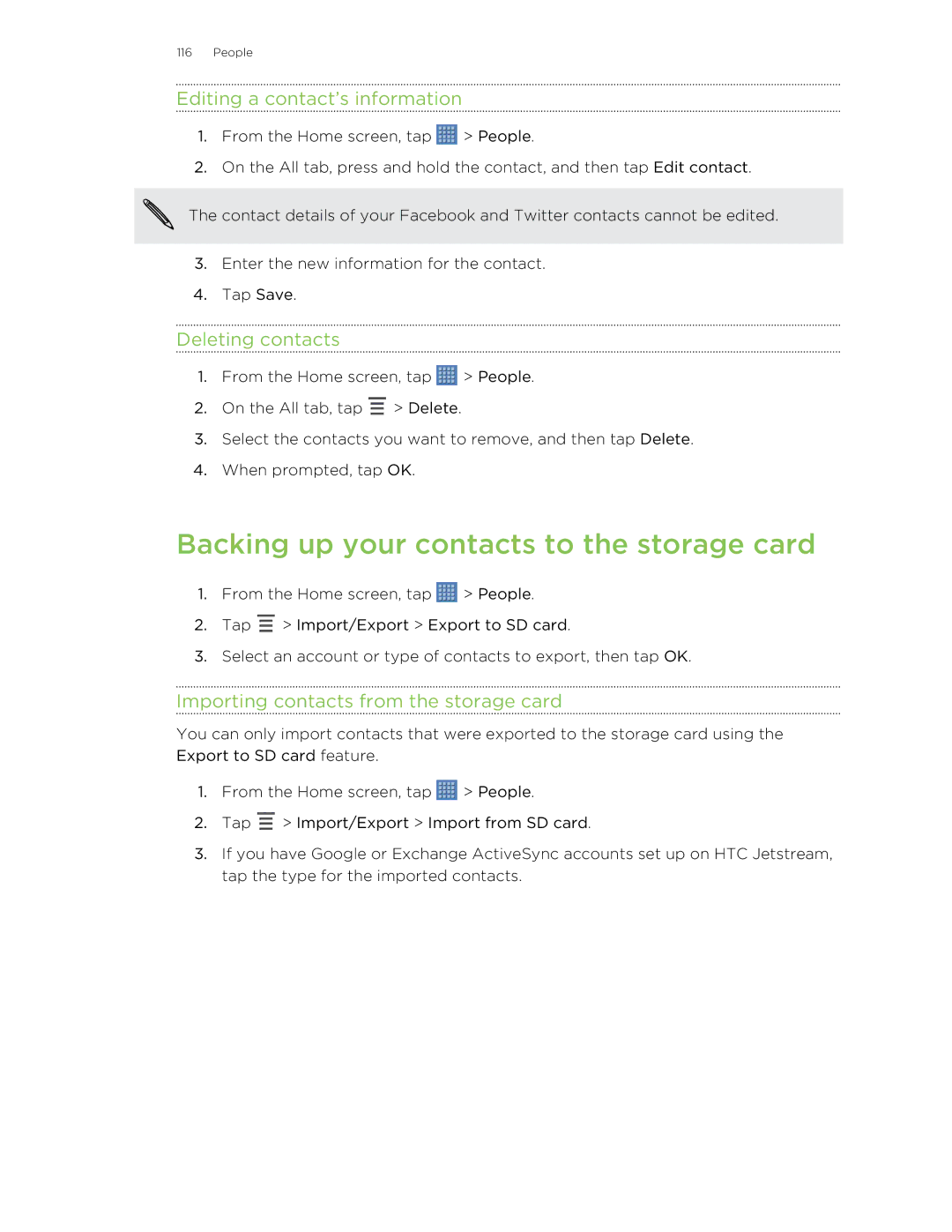 HTC Jetstream manual Backing up your contacts to the storage card, Editing a contact’s information, Deleting contacts 