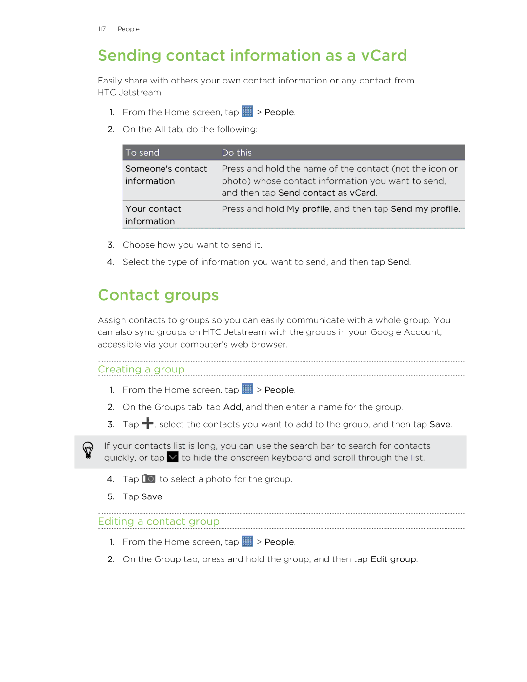 HTC Jetstream manual Sending contact information as a vCard, Contact groups, Creating a group, Editing a contact group 