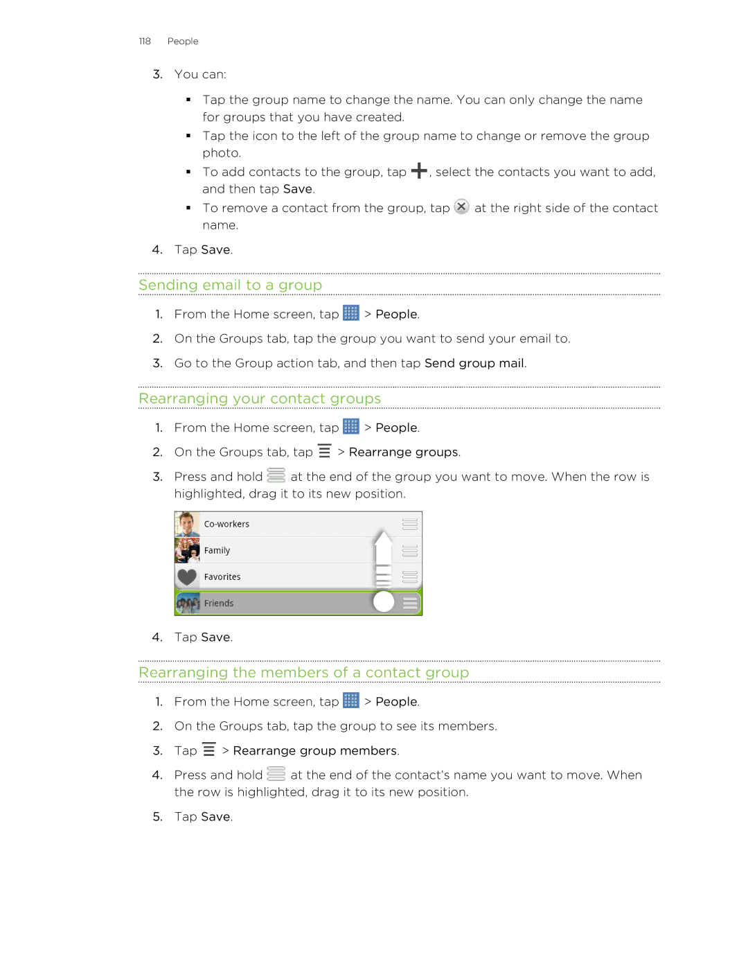 HTC Jetstream manual Sending email to a group, Rearranging your contact groups, Rearranging the members of a contact group 