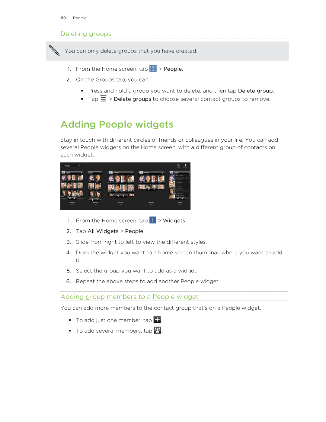 HTC Jetstream manual Adding People widgets, Deleting groups, Adding group members to a People widget 