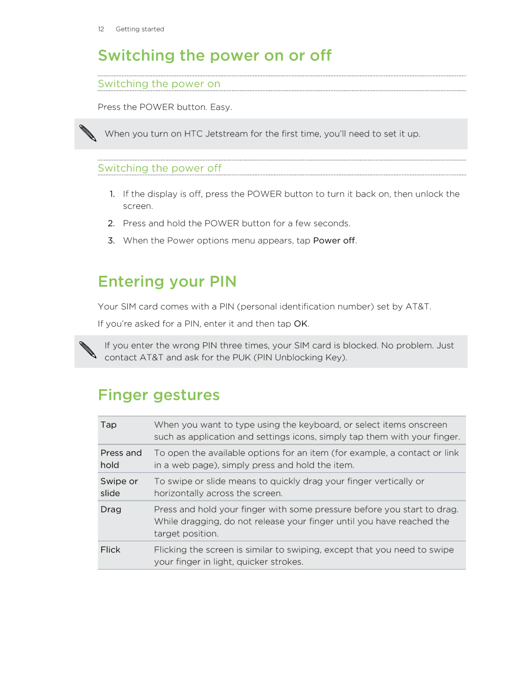 HTC Jetstream manual Switching the power on or off, Entering your PIN, Finger gestures, Switching the power off 