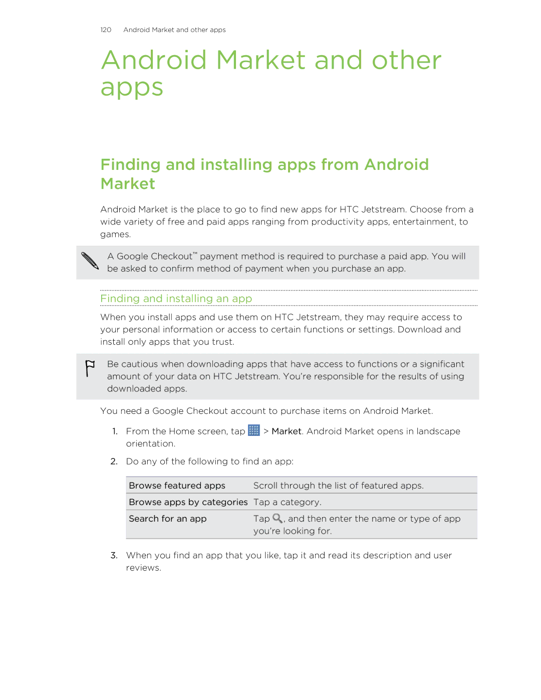 HTC Jetstream manual Android Market and other apps, Finding and installing apps from Android Market 