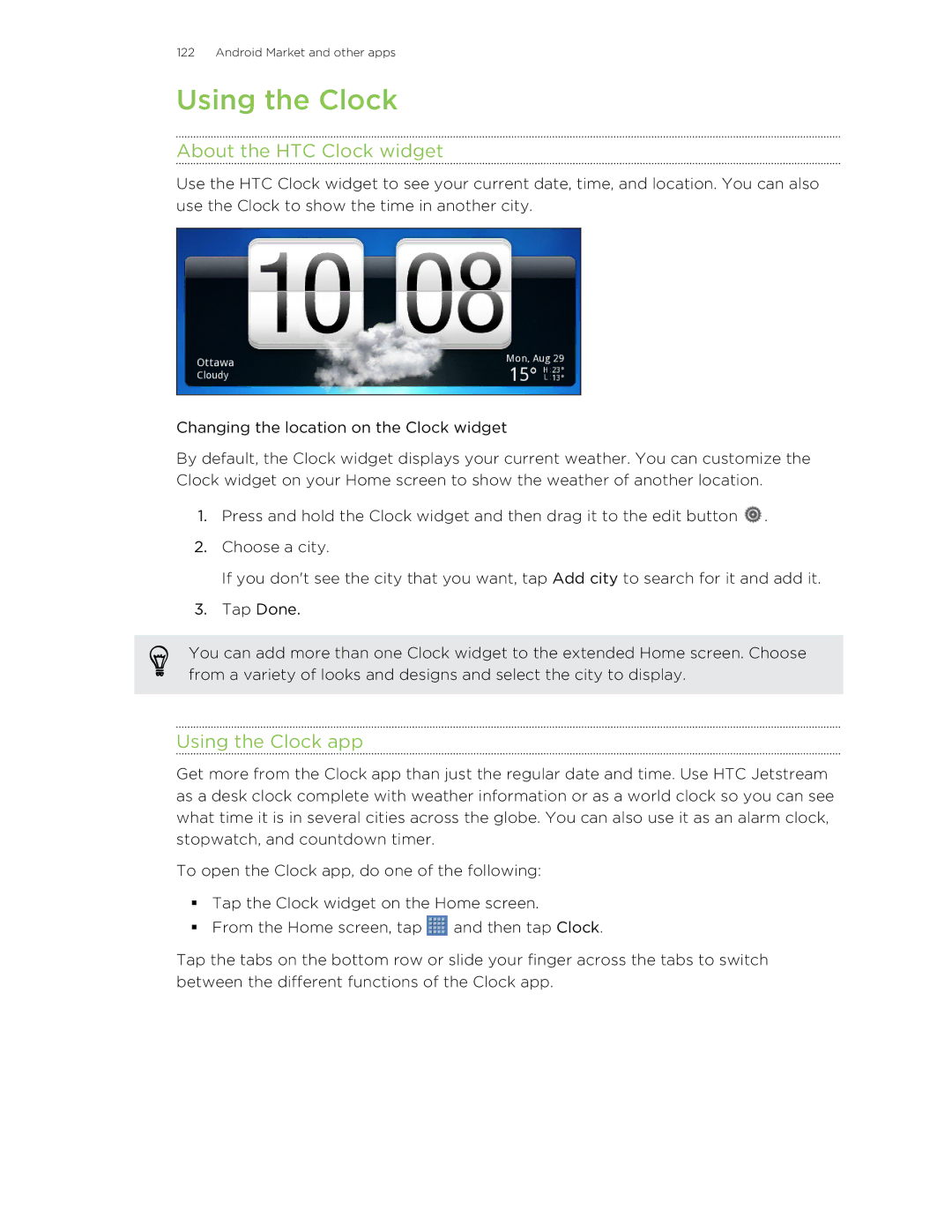 HTC Jetstream manual About the HTC Clock widget, Using the Clock app 