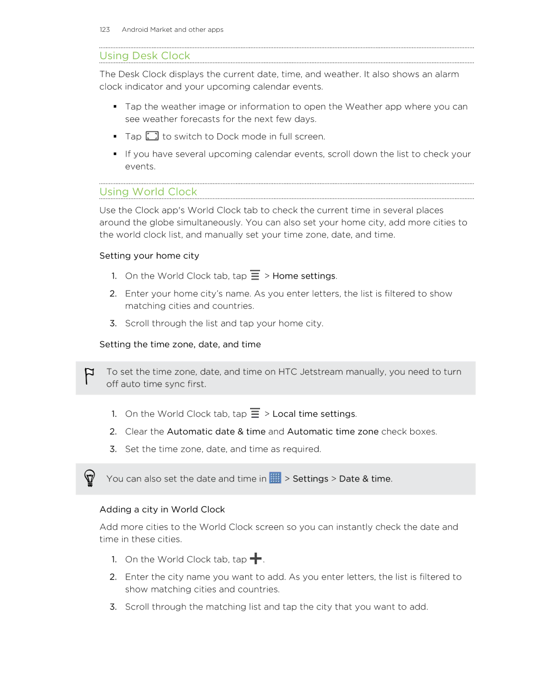 HTC Jetstream manual Using Desk Clock, Using World Clock 