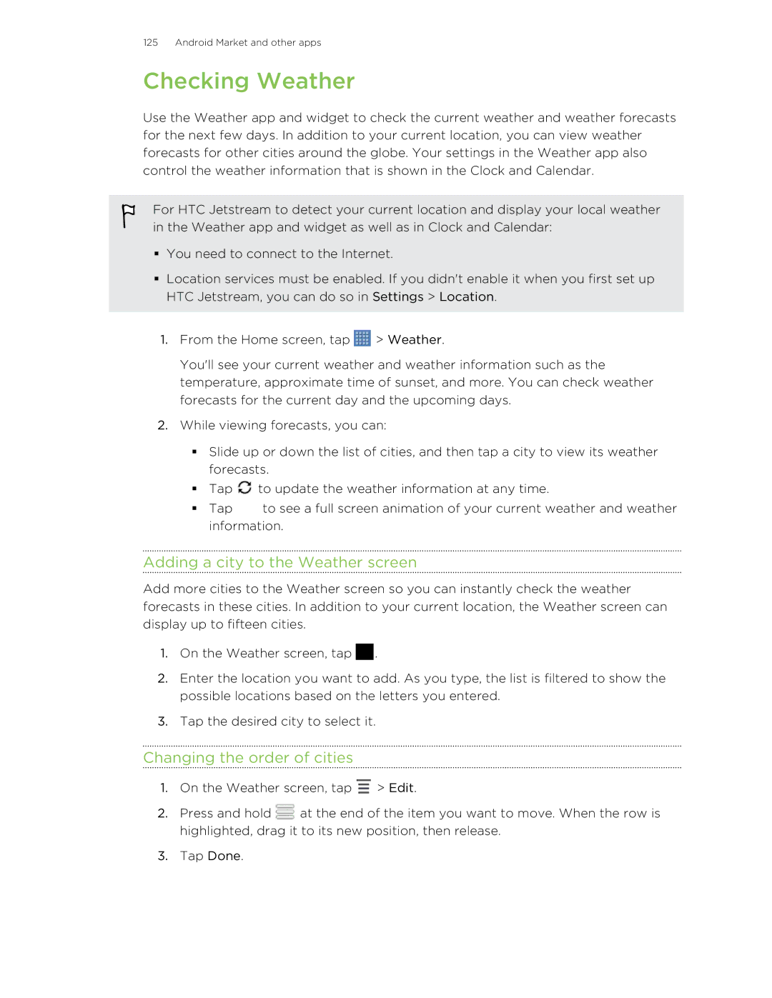HTC Jetstream manual Checking Weather, Adding a city to the Weather screen, Changing the order of cities 