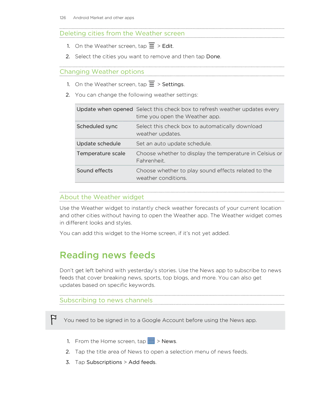 HTC Jetstream manual Reading news feeds, Deleting cities from the Weather screen, Changing Weather options 