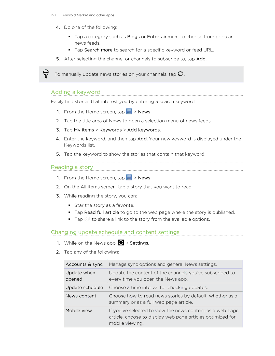 HTC Jetstream manual Adding a keyword, Reading a story, Changing update schedule and content settings 