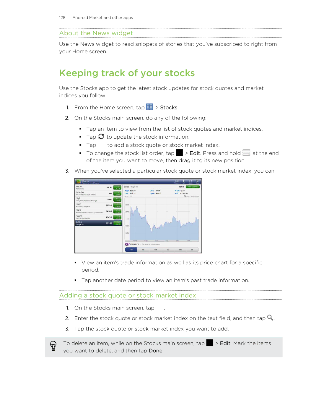 HTC Jetstream manual Keeping track of your stocks, About the News widget, Adding a stock quote or stock market index 