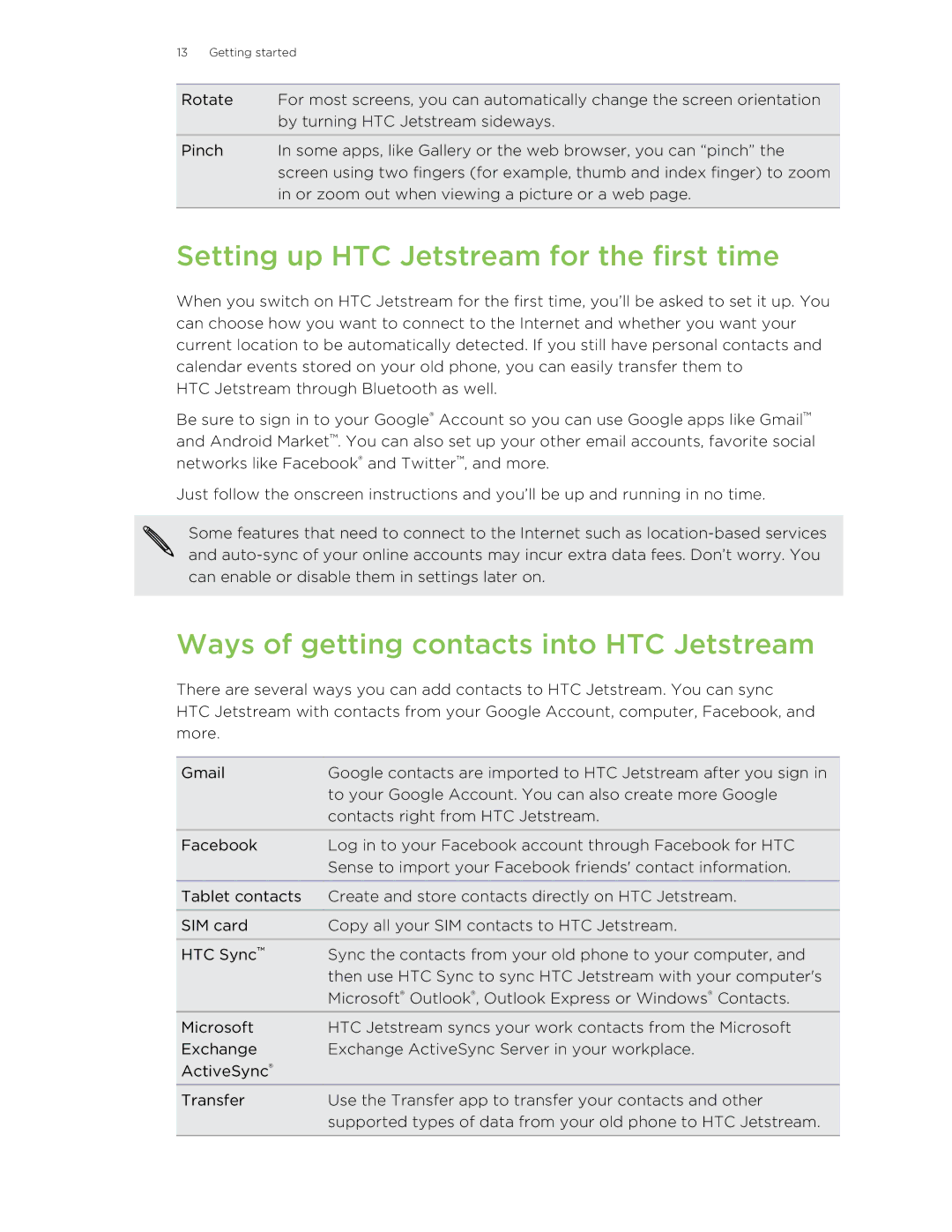 HTC manual Setting up HTC Jetstream for the first time, Ways of getting contacts into HTC Jetstream 