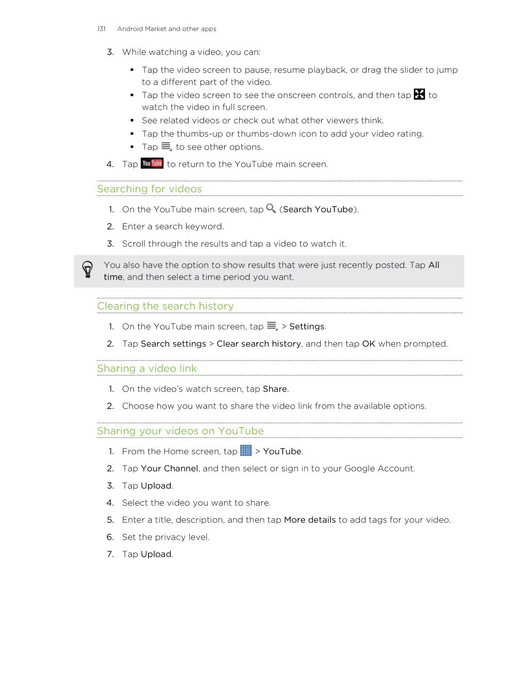 HTC Jetstream Searching for videos, Clearing the search history, Sharing a video link, Sharing your videos on YouTube 