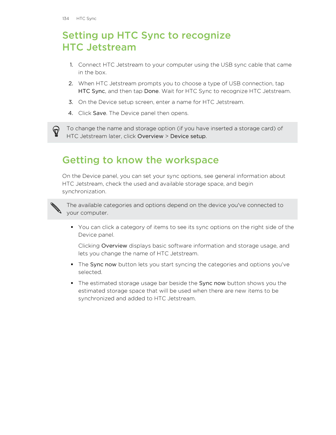 HTC manual Setting up HTC Sync to recognize HTC Jetstream, Getting to know the workspace 