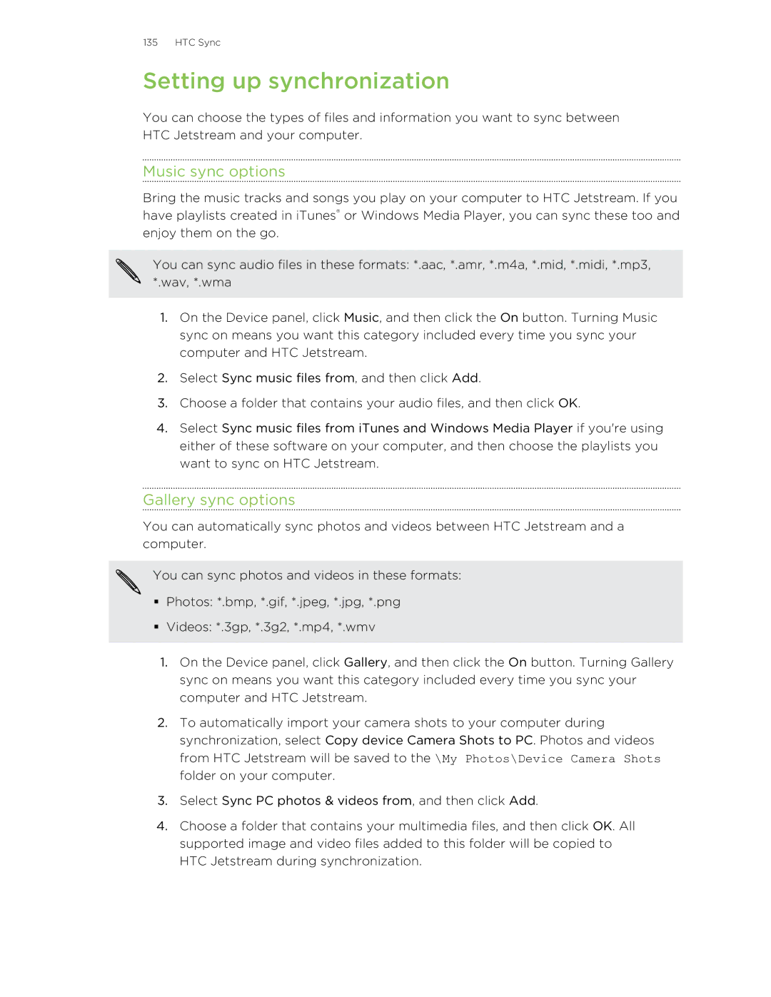 HTC Jetstream manual Setting up synchronization, Music sync options, Gallery sync options 