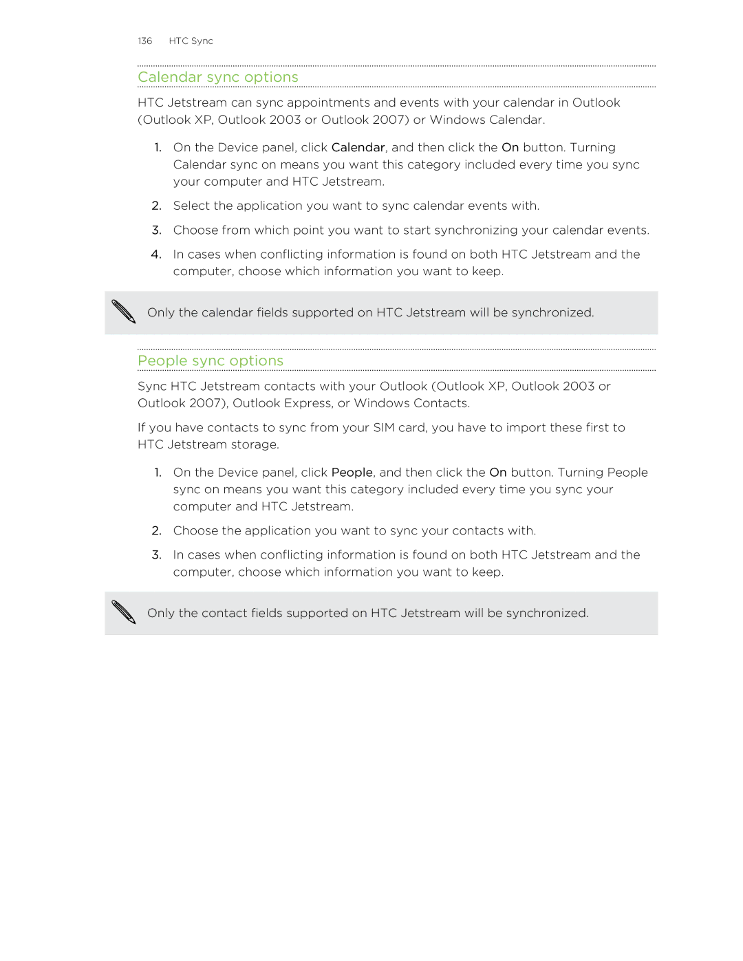 HTC Jetstream manual Calendar sync options, People sync options 