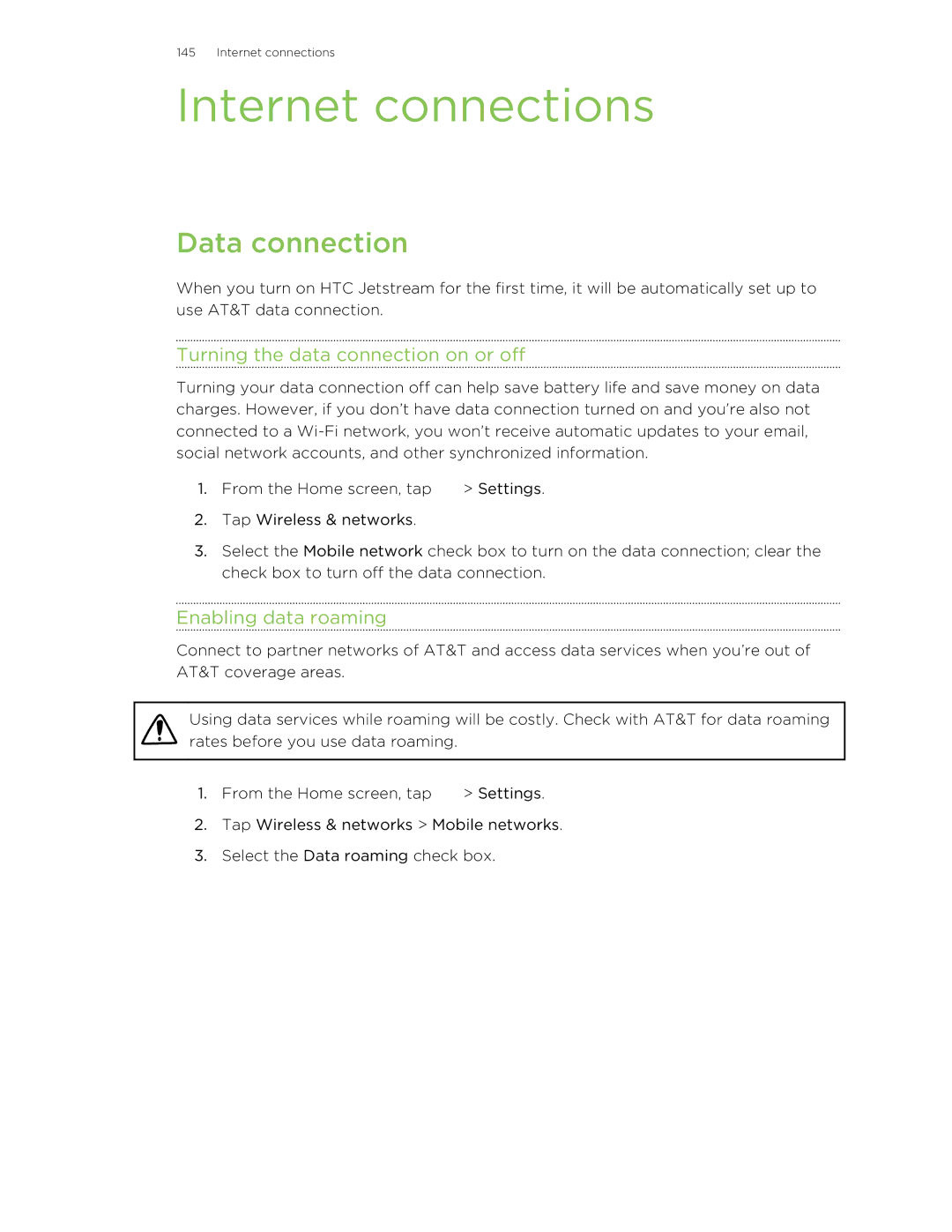 HTC Jetstream manual Internet connections, Data connection, Turning the data connection on or off, Enabling data roaming 