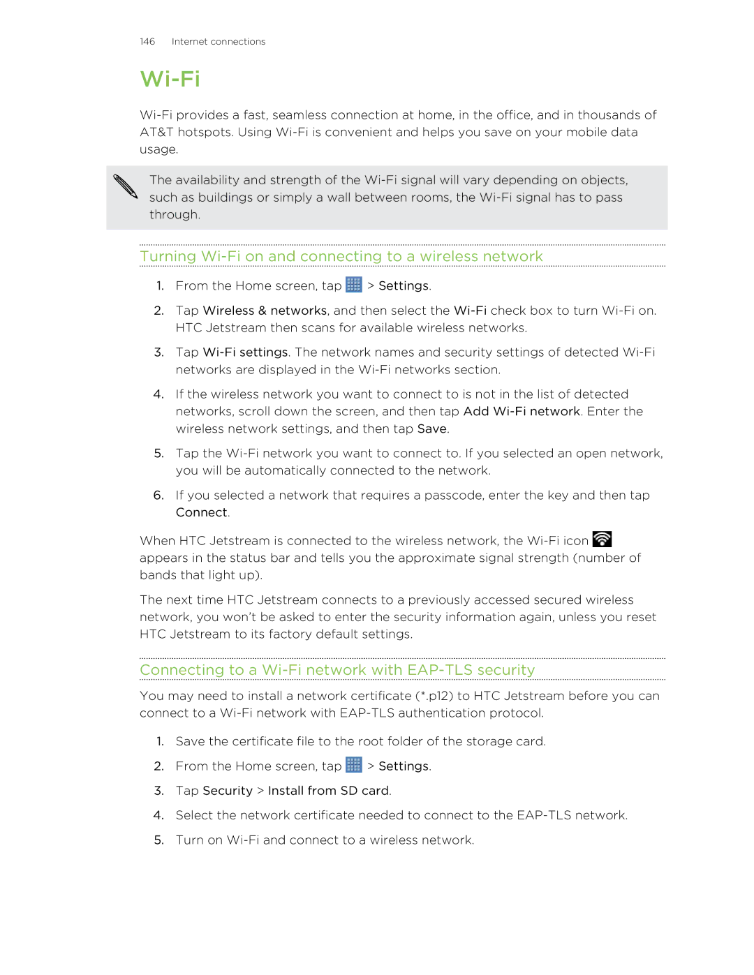 HTC Jetstream manual Turning Wi-Fi on and connecting to a wireless network 